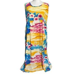VINTAGE Jams World  Paradise Found Midi Dress Sleeveless Pockets Floral Hawaii L